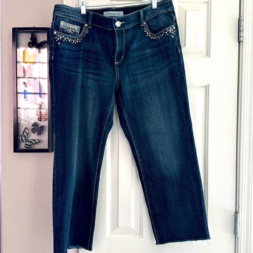 Chico’s Platinum Denim Jeweled Crop Frayed Hem Jeans